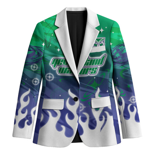 Personalized New Zealand Warriors Blazer Y2K Grunge Aesthetic With Cyber Flames and Starburst Graphics