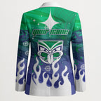 Personalized New Zealand Warriors Blazer Y2K Grunge Aesthetic With Cyber Flames and Starburst Graphics
