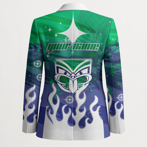 Personalized New Zealand Warriors Blazer Y2K Grunge Aesthetic With Cyber Flames and Starburst Graphics
