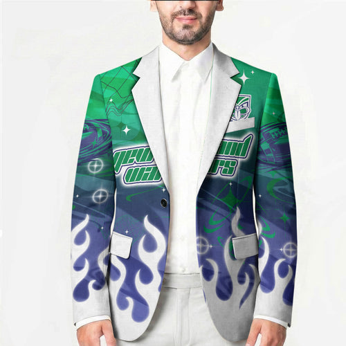 Personalized New Zealand Warriors Blazer Y2K Grunge Aesthetic With Cyber Flames and Starburst Graphics