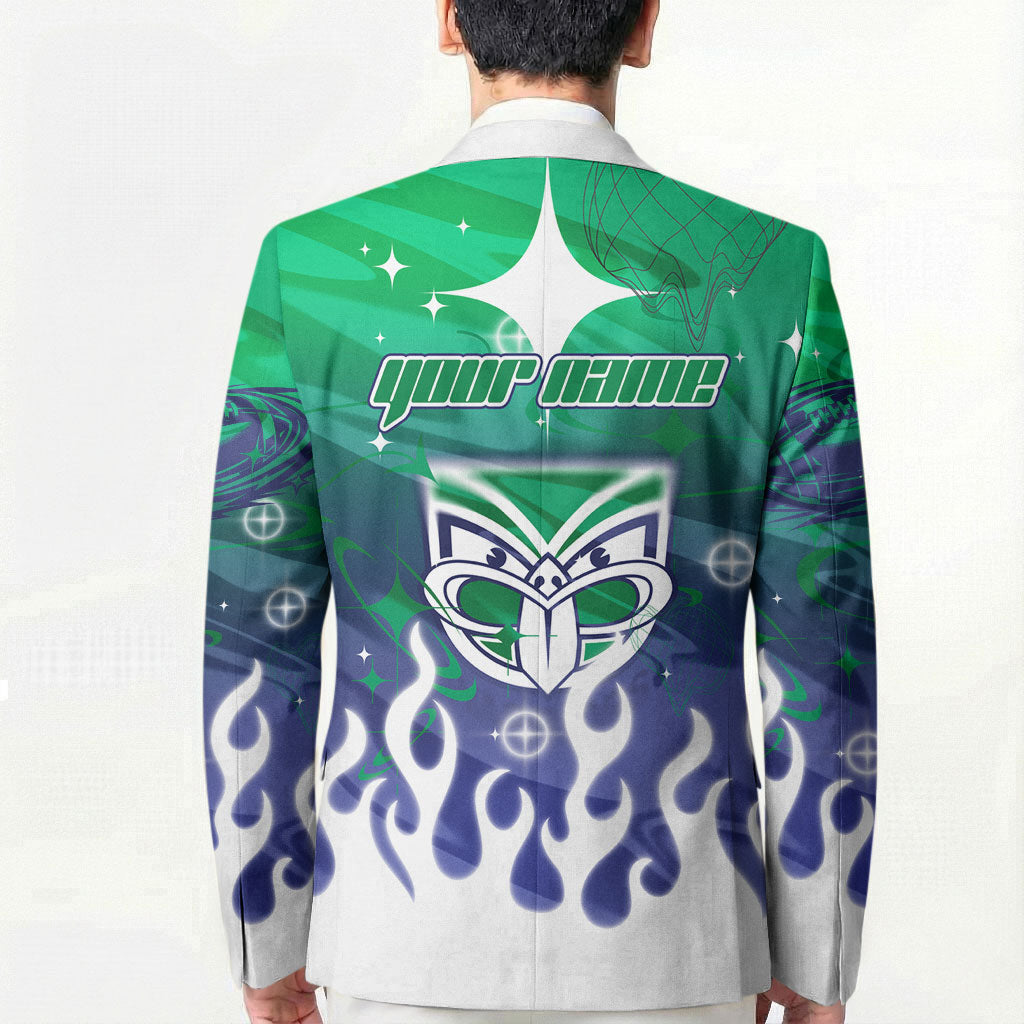 Personalized New Zealand Warriors Blazer Y2K Grunge Aesthetic With Cyber Flames and Starburst Graphics