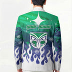 Personalized New Zealand Warriors Blazer Y2K Grunge Aesthetic With Cyber Flames and Starburst Graphics