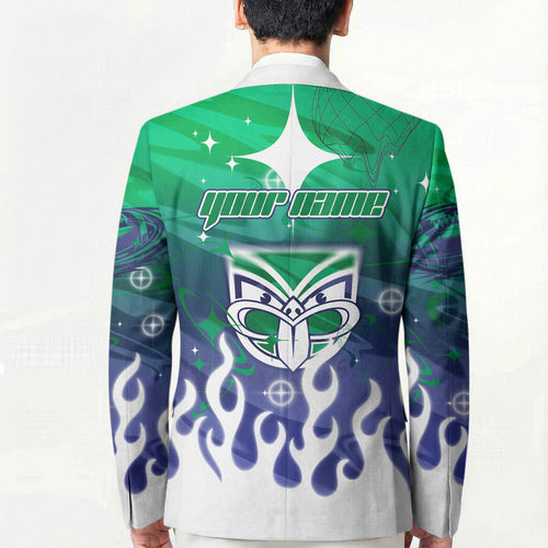 Personalized New Zealand Warriors Blazer Y2K Grunge Aesthetic With Cyber Flames and Starburst Graphics