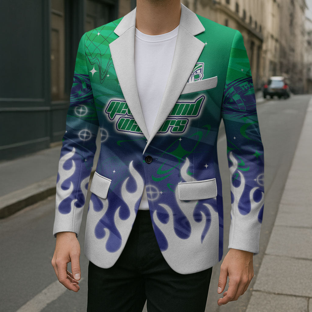 Personalized New Zealand Warriors Blazer Y2K Grunge Aesthetic With Cyber Flames and Starburst Graphics