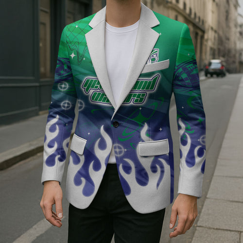 Personalized New Zealand Warriors Blazer Y2K Grunge Aesthetic With Cyber Flames and Starburst Graphics