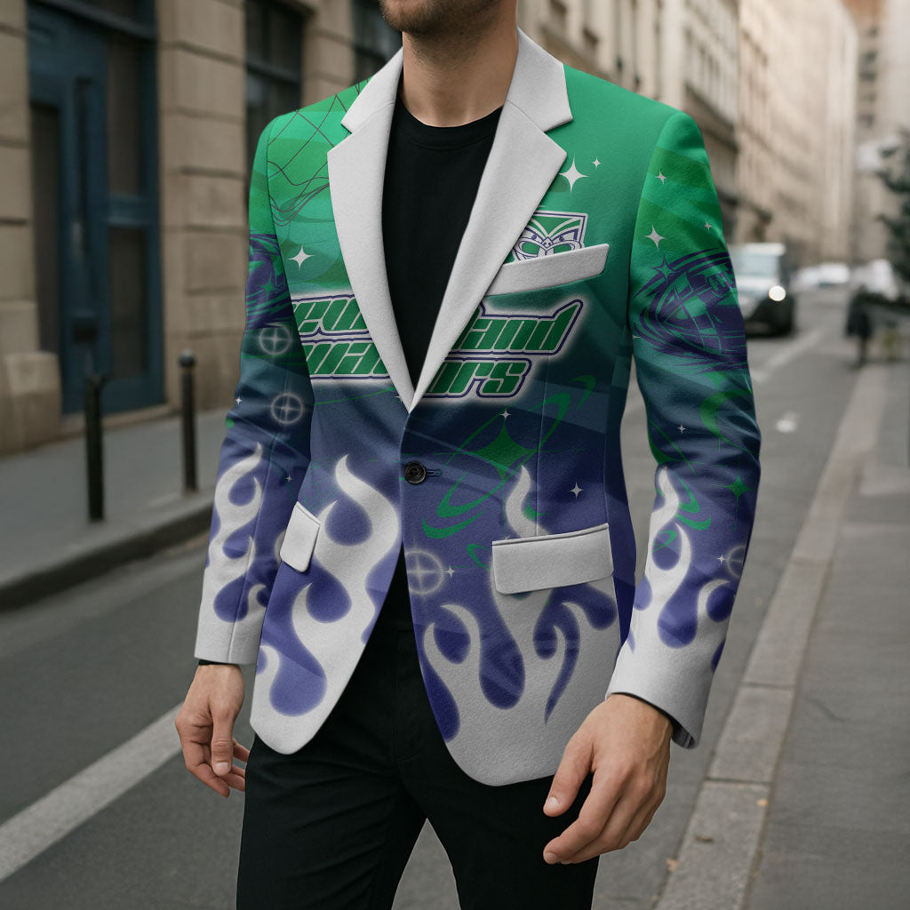 Personalized New Zealand Warriors Blazer Y2K Grunge Aesthetic With Cyber Flames and Starburst Graphics