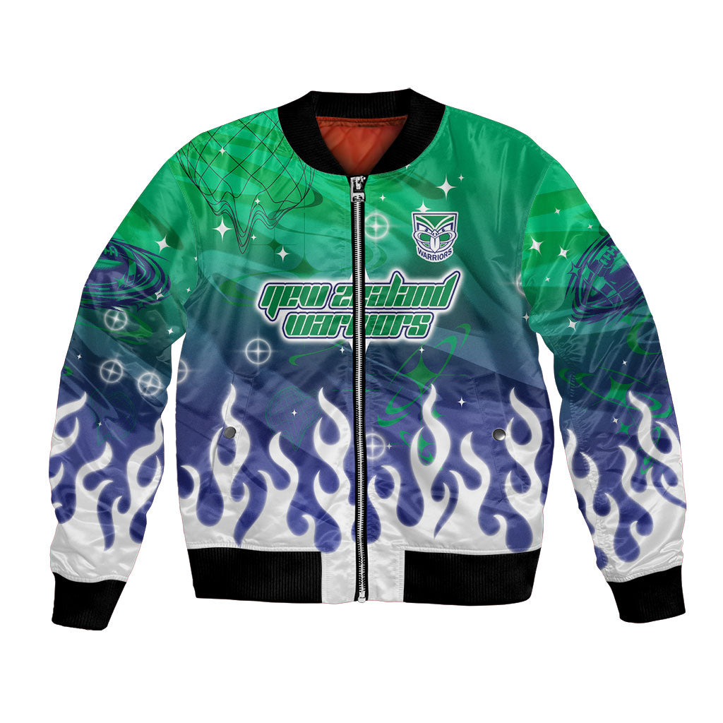Personalized New Zealand Warriors Bomber Jacket Y2K Grunge Aesthetic With Cyber Flames and Starburst Graphics