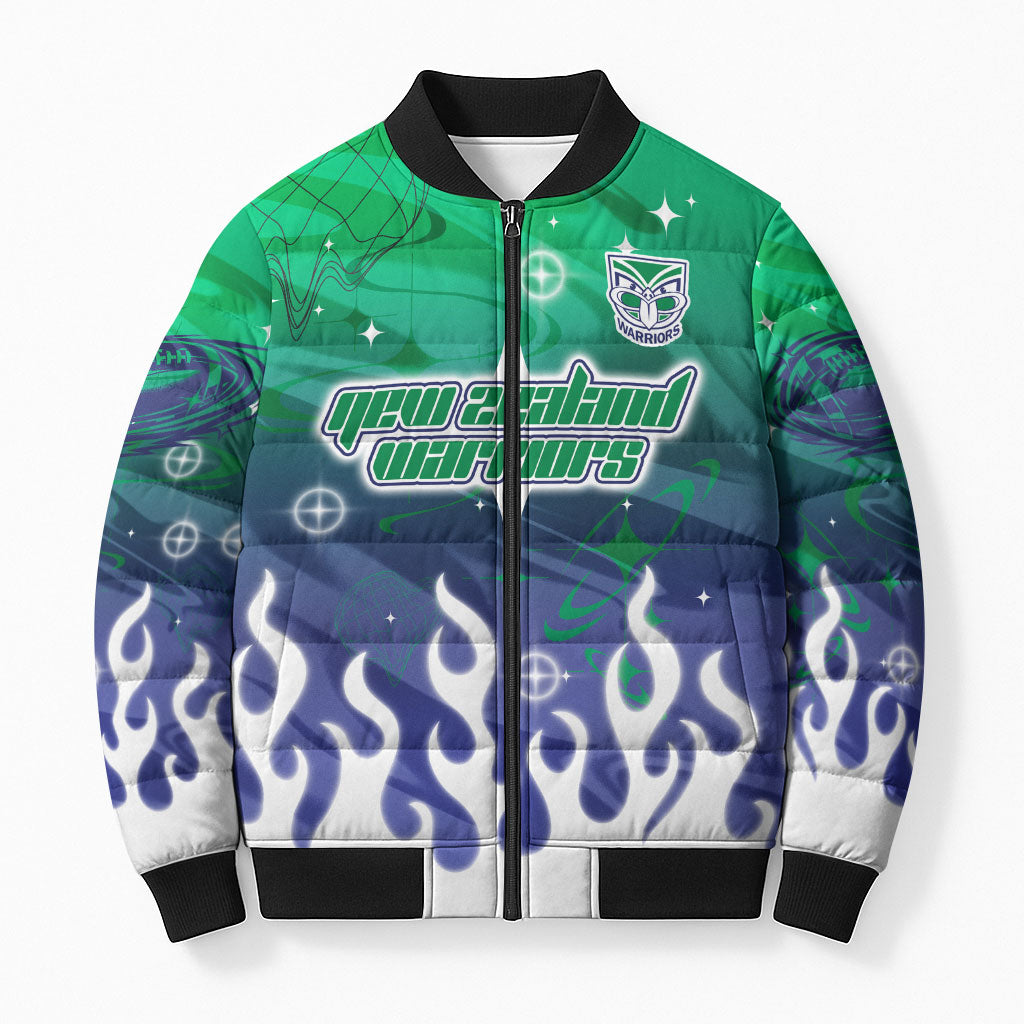 Personalized New Zealand Warriors Bomber Puffer Jacket Y2K Grunge Aesthetic With Cyber Flames and Starburst Graphics
