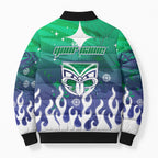 Personalized New Zealand Warriors Bomber Puffer Jacket Y2K Grunge Aesthetic With Cyber Flames and Starburst Graphics