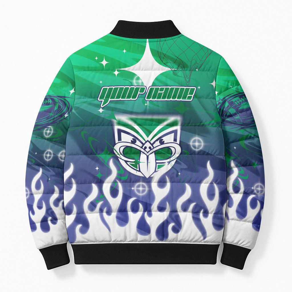 Personalized New Zealand Warriors Bomber Puffer Jacket Y2K Grunge Aesthetic With Cyber Flames and Starburst Graphics