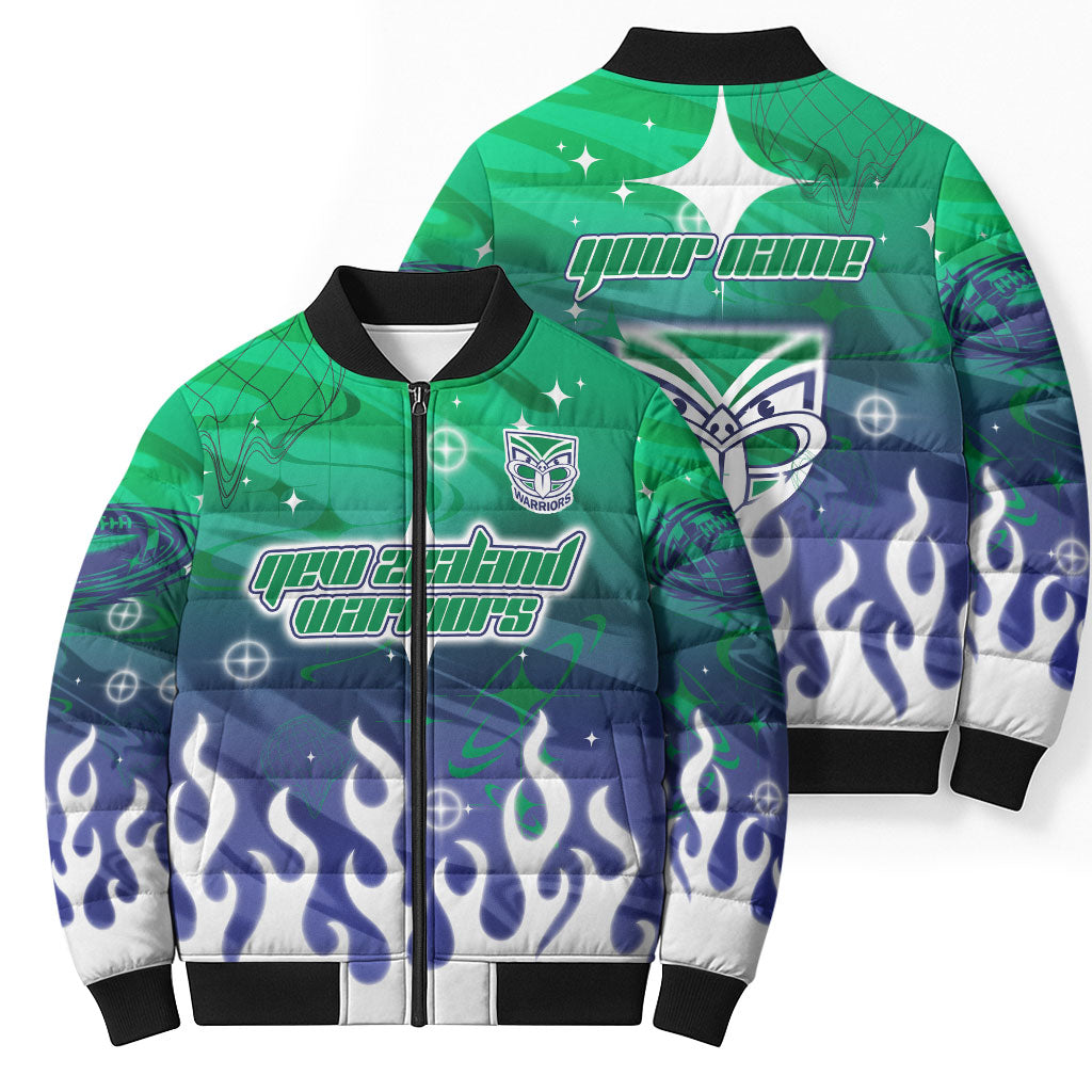 Personalized New Zealand Warriors Bomber Puffer Jacket Y2K Grunge Aesthetic With Cyber Flames and Starburst Graphics