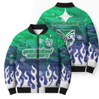 Personalized New Zealand Warriors Bomber Puffer Jacket Y2K Grunge Aesthetic With Cyber Flames and Starburst Graphics
