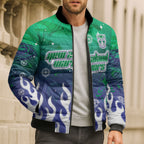 Personalized New Zealand Warriors Bomber Puffer Jacket Y2K Grunge Aesthetic With Cyber Flames and Starburst Graphics