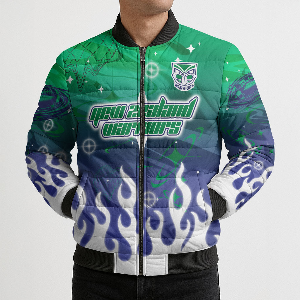 Personalized New Zealand Warriors Bomber Puffer Jacket Y2K Grunge Aesthetic With Cyber Flames and Starburst Graphics