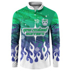 Personalized New Zealand Warriors Button Sweatshirt Y2K Grunge Aesthetic With Cyber Flames and Starburst Graphics