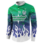 Personalized New Zealand Warriors Button Sweatshirt Y2K Grunge Aesthetic With Cyber Flames and Starburst Graphics