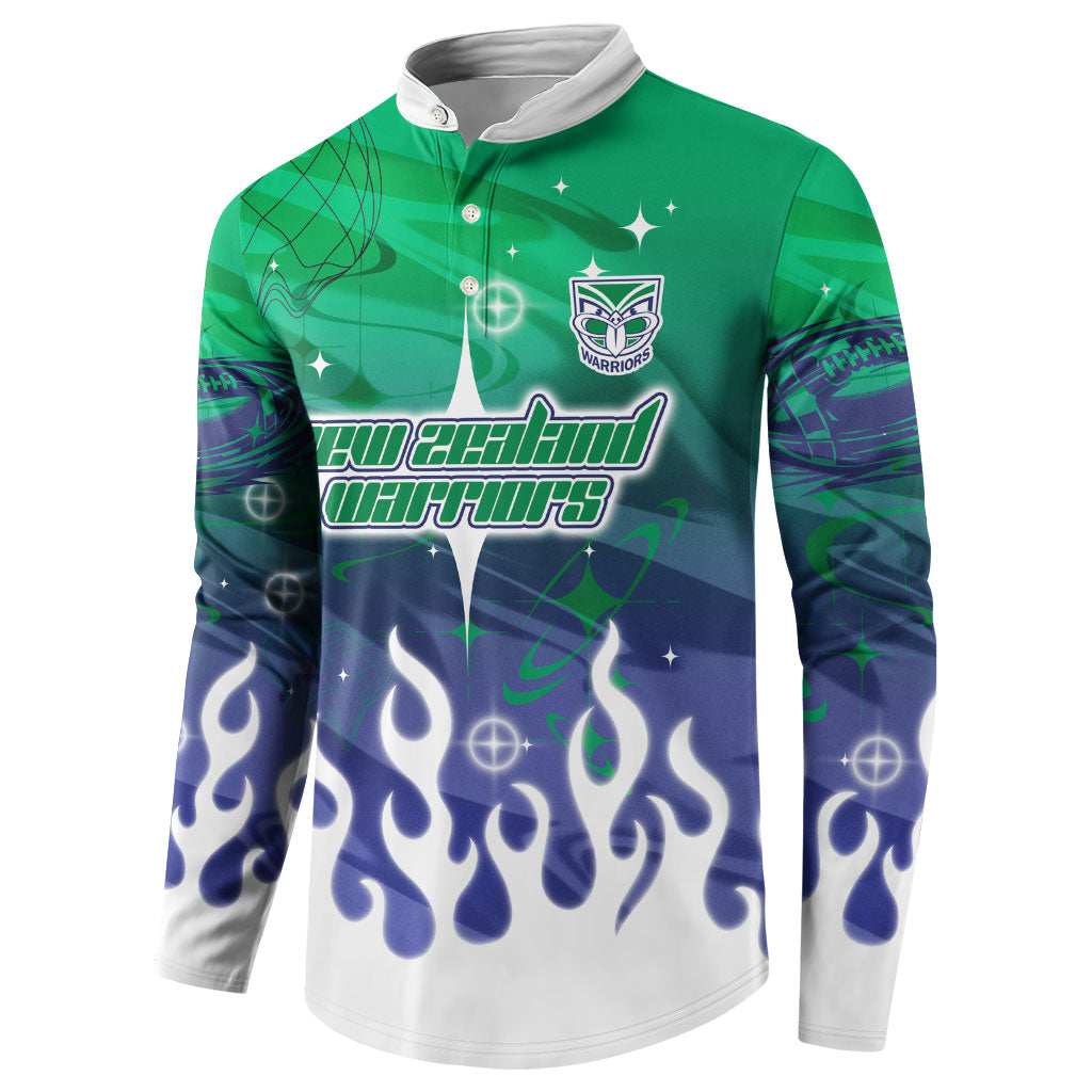 Personalized New Zealand Warriors Button Sweatshirt Y2K Grunge Aesthetic With Cyber Flames and Starburst Graphics