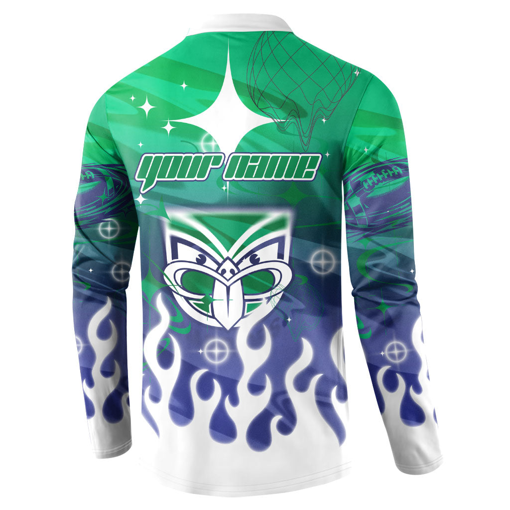 Personalized New Zealand Warriors Button Sweatshirt Y2K Grunge Aesthetic With Cyber Flames and Starburst Graphics