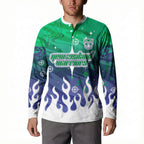 Personalized New Zealand Warriors Button Sweatshirt Y2K Grunge Aesthetic With Cyber Flames and Starburst Graphics