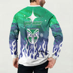 Personalized New Zealand Warriors Button Sweatshirt Y2K Grunge Aesthetic With Cyber Flames and Starburst Graphics