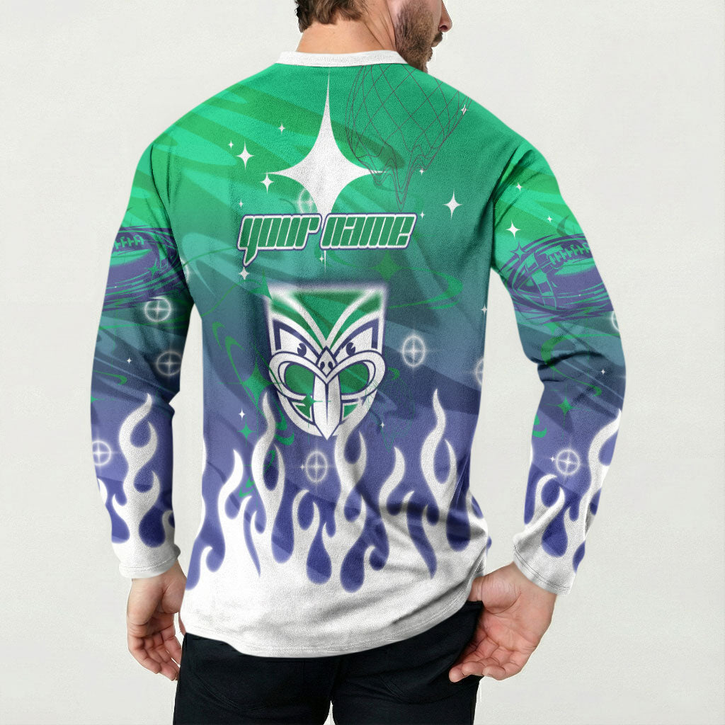 Personalized New Zealand Warriors Button Sweatshirt Y2K Grunge Aesthetic With Cyber Flames and Starburst Graphics