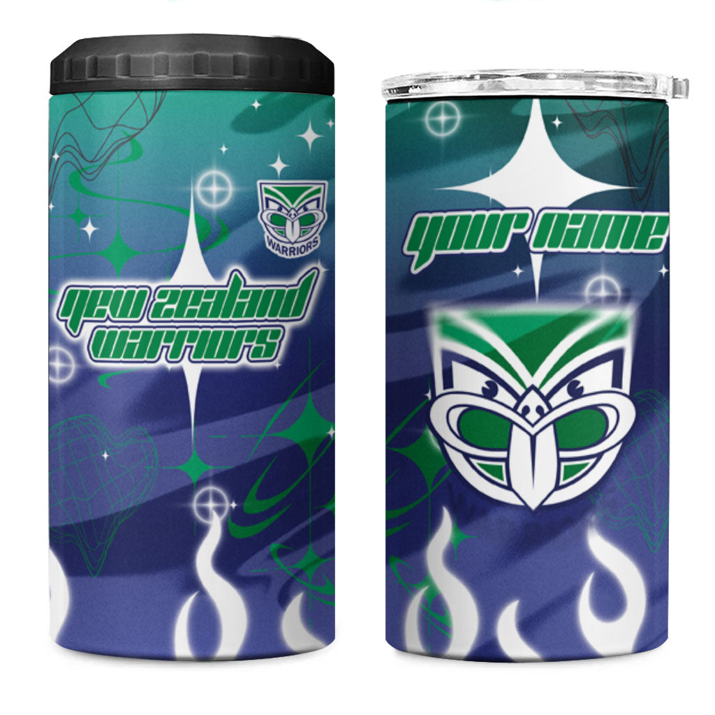 Personalized New Zealand Warriors 4 in 1 Can Cooler Tumbler Y2K Grunge Aesthetic With Cyber Flames and Starburst Graphics