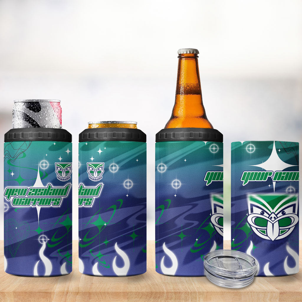 Personalized New Zealand Warriors 4 in 1 Can Cooler Tumbler Y2K Grunge Aesthetic With Cyber Flames and Starburst Graphics