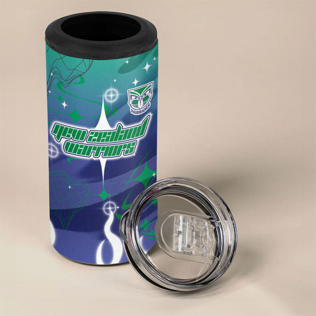 Personalized New Zealand Warriors 4 in 1 Can Cooler Tumbler Y2K Grunge Aesthetic With Cyber Flames and Starburst Graphics