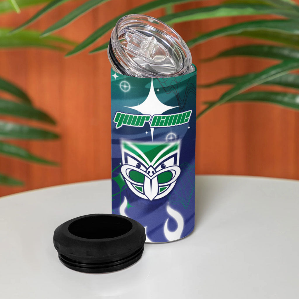 Personalized New Zealand Warriors 4 in 1 Can Cooler Tumbler Y2K Grunge Aesthetic With Cyber Flames and Starburst Graphics