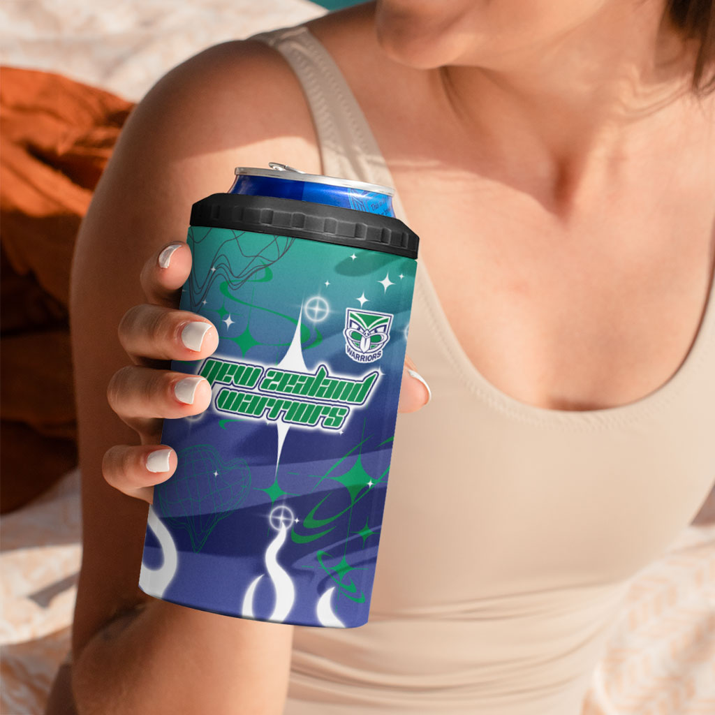 Personalized New Zealand Warriors 4 in 1 Can Cooler Tumbler Y2K Grunge Aesthetic With Cyber Flames and Starburst Graphics