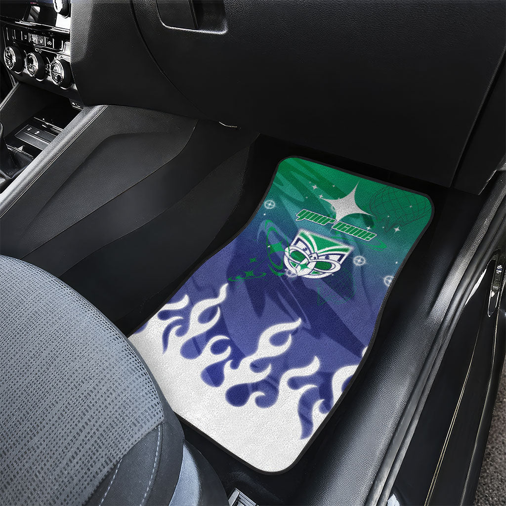 Personalized New Zealand Warriors Car Mats Y2K Grunge Aesthetic With Cyber Flames and Starburst Graphics