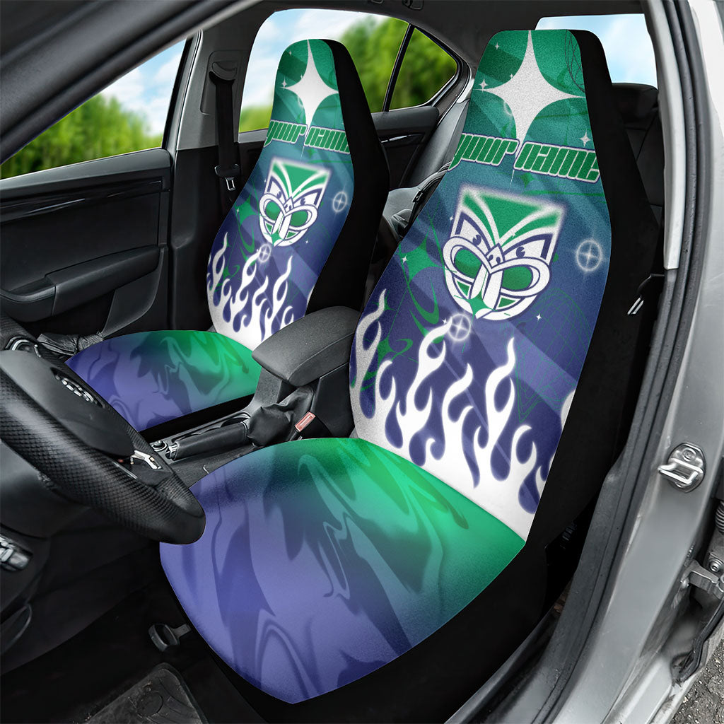 Personalized New Zealand Warriors Car Seat Cover Y2K Grunge Aesthetic With Cyber Flames and Starburst Graphics