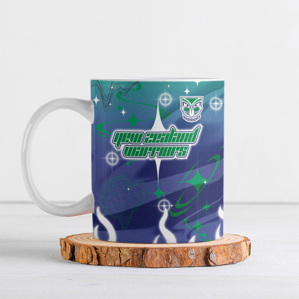 Personalized New Zealand Warriors Ceramic Mug Y2K Grunge Aesthetic With Cyber Flames and Starburst Graphics