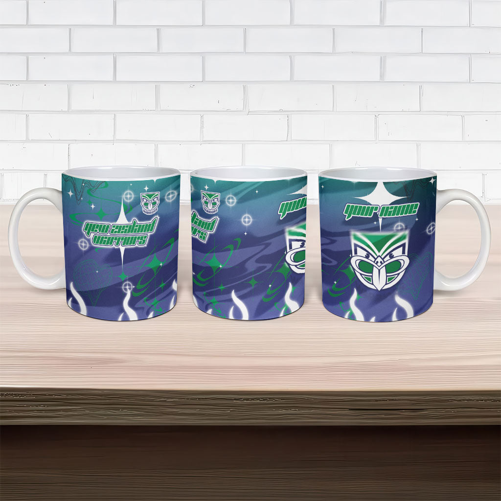 Personalized New Zealand Warriors Ceramic Mug Y2K Grunge Aesthetic With Cyber Flames and Starburst Graphics