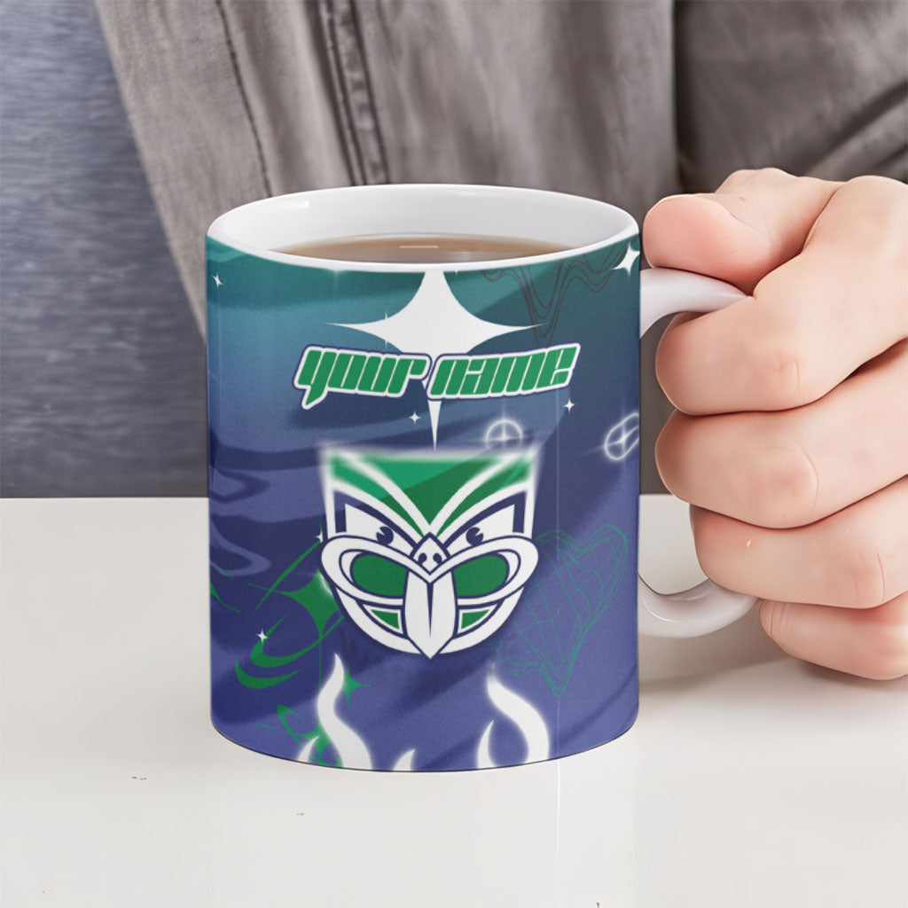 Personalized New Zealand Warriors Ceramic Mug Y2K Grunge Aesthetic With Cyber Flames and Starburst Graphics