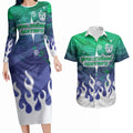 Personalized New Zealand Warriors Couples Matching Long Sleeve Bodycon Dress and Hawaiian Shirt Y2K Grunge Aesthetic With Cyber Flames and Starburst Graphics
