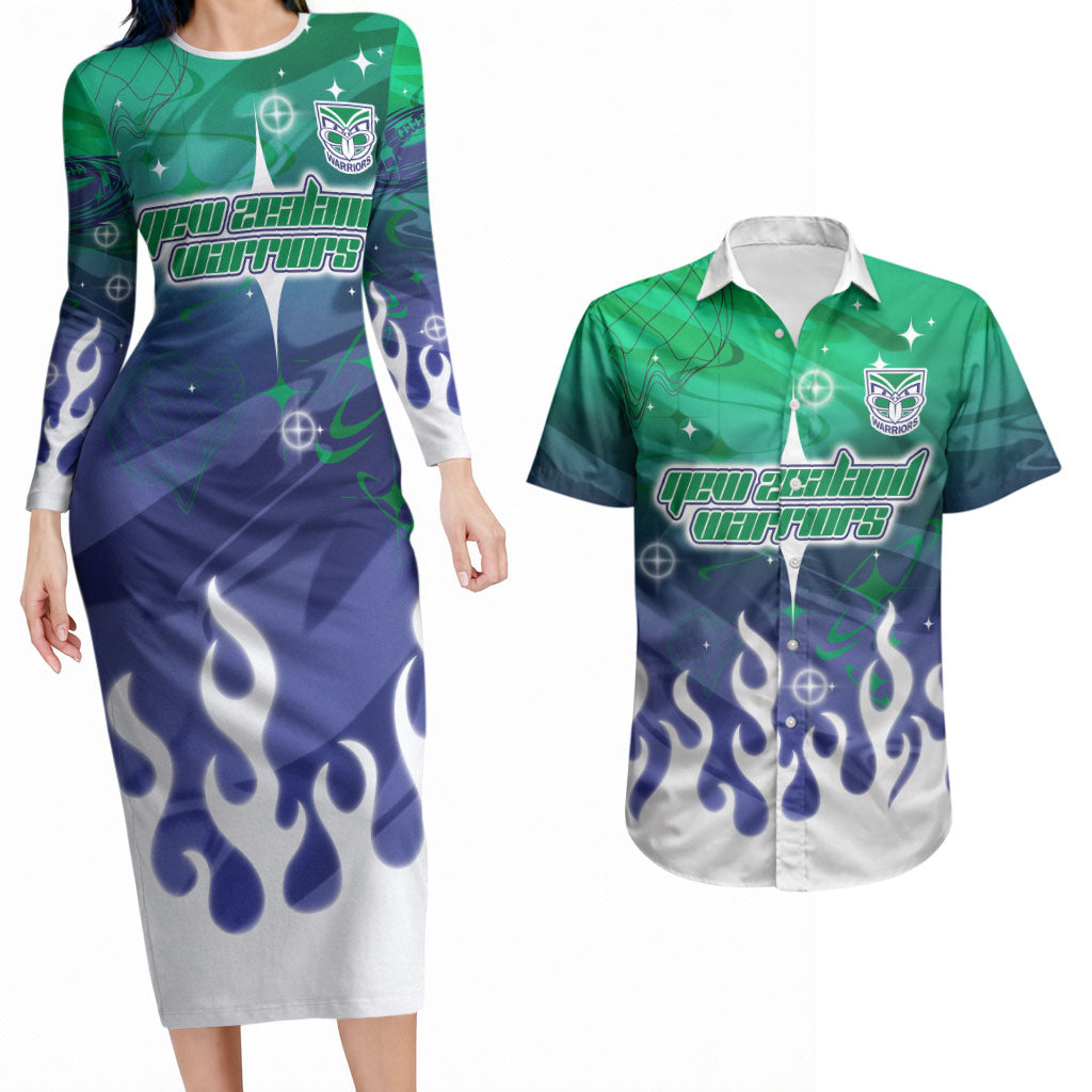 Personalized New Zealand Warriors Couples Matching Long Sleeve Bodycon Dress and Hawaiian Shirt Y2K Grunge Aesthetic With Cyber Flames and Starburst Graphics
