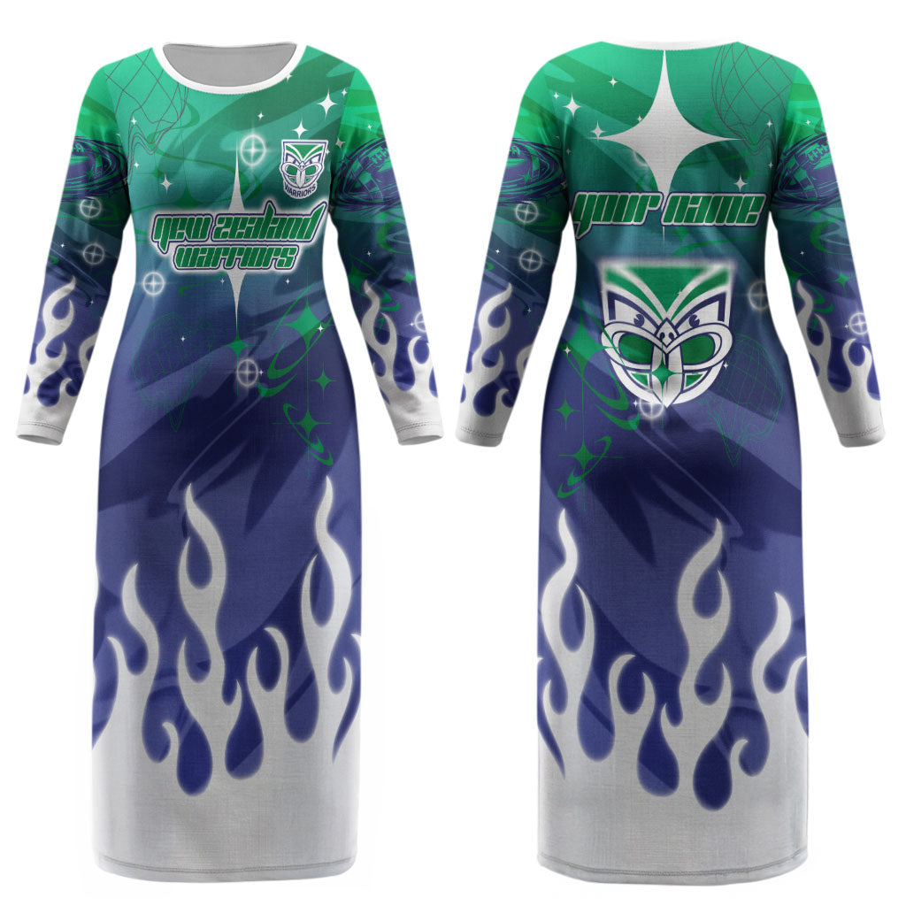 Personalized New Zealand Warriors Couples Matching Long Sleeve Bodycon Dress and Hawaiian Shirt Y2K Grunge Aesthetic With Cyber Flames and Starburst Graphics