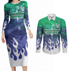 Personalized New Zealand Warriors Couples Matching Long Sleeve Bodycon Dress and Long Sleeve Button Shirt Y2K Grunge Aesthetic With Cyber Flames and Starburst Graphics
