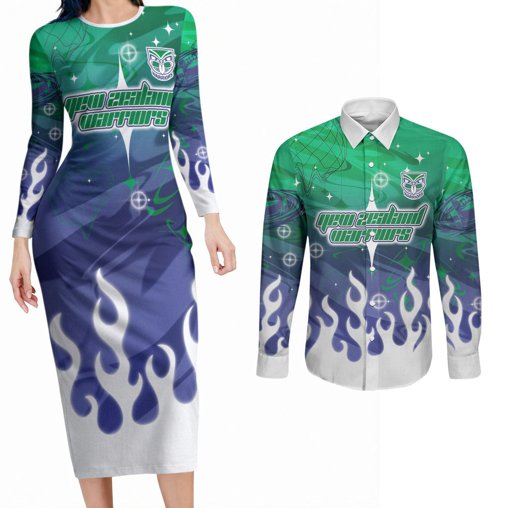 Personalized New Zealand Warriors Couples Matching Long Sleeve Bodycon Dress and Long Sleeve Button Shirt Y2K Grunge Aesthetic With Cyber Flames and Starburst Graphics