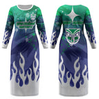 Personalized New Zealand Warriors Couples Matching Long Sleeve Bodycon Dress and Long Sleeve Button Shirt Y2K Grunge Aesthetic With Cyber Flames and Starburst Graphics