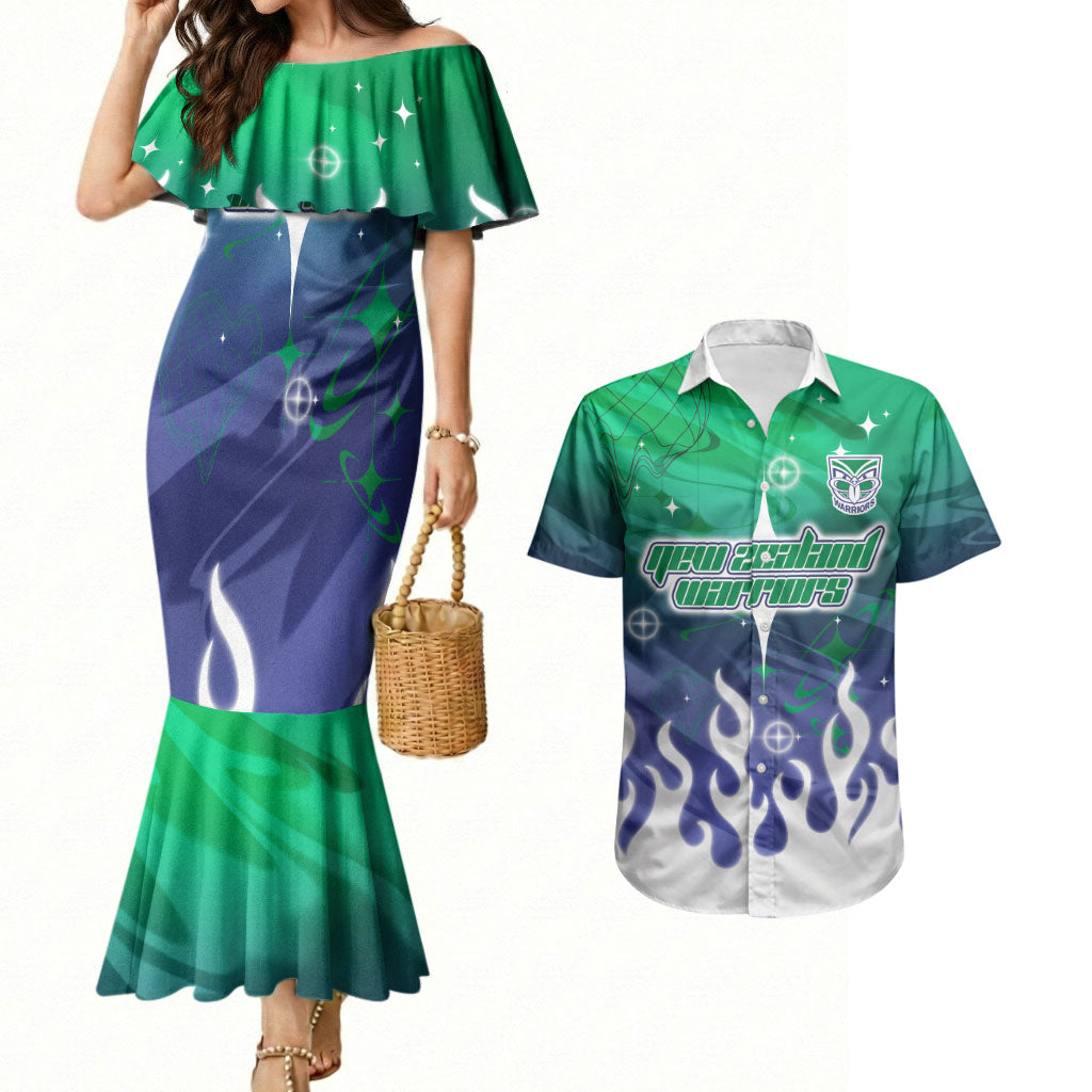 Personalized New Zealand Warriors Couples Matching Mermaid Dress and Hawaiian Shirt Y2K Grunge Aesthetic With Cyber Flames and Starburst Graphics