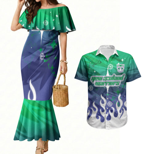 Personalized New Zealand Warriors Couples Matching Mermaid Dress and Hawaiian Shirt Y2K Grunge Aesthetic With Cyber Flames and Starburst Graphics