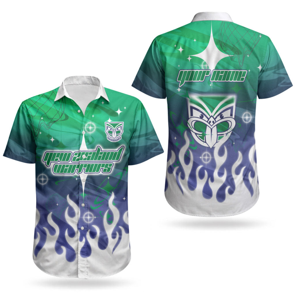 Personalized New Zealand Warriors Couples Matching Mermaid Dress and Hawaiian Shirt Y2K Grunge Aesthetic With Cyber Flames and Starburst Graphics