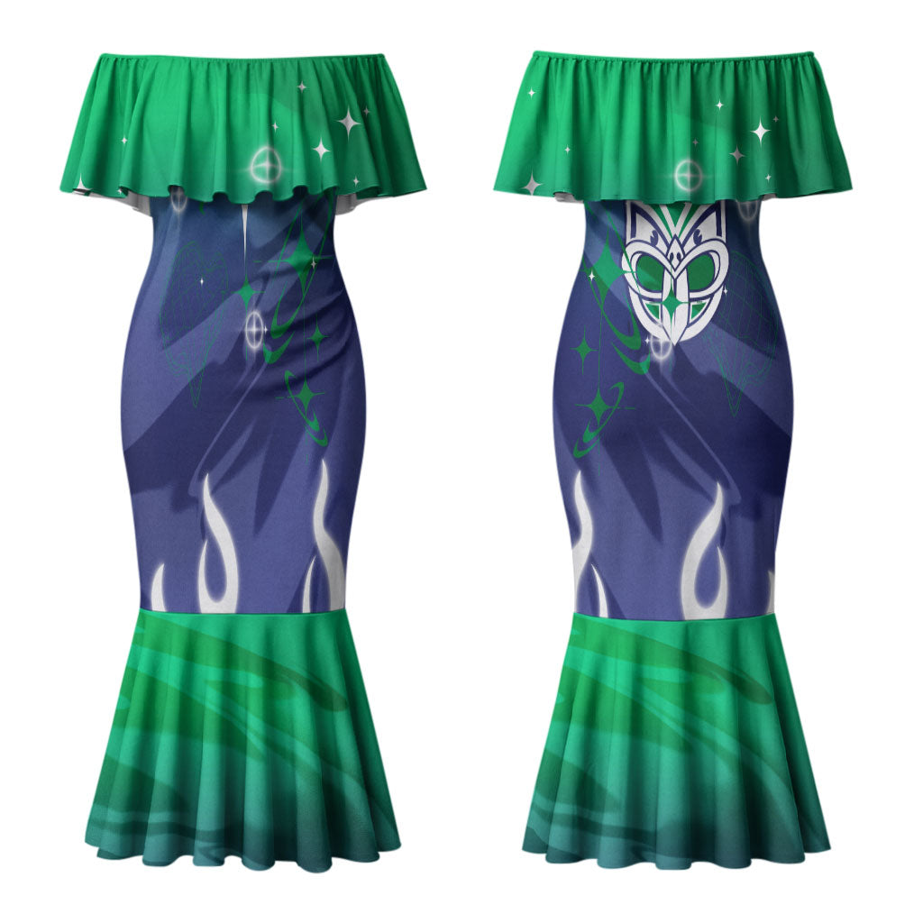Personalized New Zealand Warriors Couples Matching Mermaid Dress and Hawaiian Shirt Y2K Grunge Aesthetic With Cyber Flames and Starburst Graphics