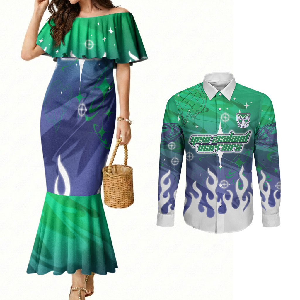 Personalized New Zealand Warriors Couples Matching Mermaid Dress and Long Sleeve Button Shirt Y2K Grunge Aesthetic With Cyber Flames and Starburst Graphics