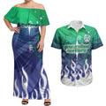 Personalized New Zealand Warriors Couples Matching Off Shoulder Maxi Dress and Hawaiian Shirt Y2K Grunge Aesthetic With Cyber Flames and Starburst Graphics