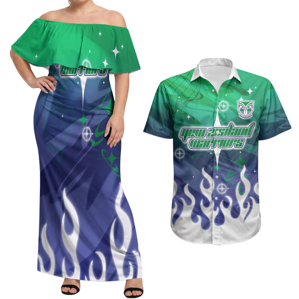 Personalized New Zealand Warriors Couples Matching Off Shoulder Maxi Dress and Hawaiian Shirt Y2K Grunge Aesthetic With Cyber Flames and Starburst Graphics