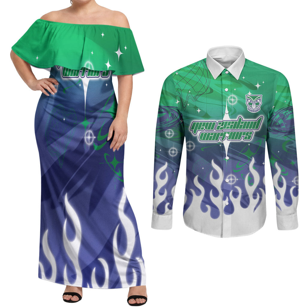 Personalized New Zealand Warriors Couples Matching Off Shoulder Maxi Dress and Long Sleeve Button Shirt Y2K Grunge Aesthetic With Cyber Flames and Starburst Graphics