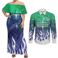 Personalized New Zealand Warriors Couples Matching Off Shoulder Maxi Dress and Long Sleeve Button Shirt Y2K Grunge Aesthetic With Cyber Flames and Starburst Graphics
